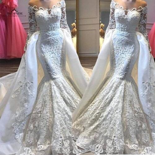 FATAPAESE Mermaid Wedding Dresses With Detachable Skirt Cotton Back Long Sleeve Lace Bridal Gowns Luxury Beaded Robe De Marriee