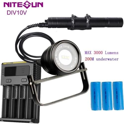 NITESUN DIV10V Diving Video Light 3* CREE XM-L2 U4 LEDs max 3000LM 120°beam angle dive torch 150M waterproof + batteries charger