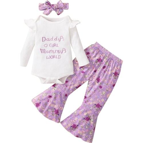 0-24M Baby Girls Clothes Set Letter Embroidery Long Sleeve O-neck Romper Floral Print Trousers Headband Girls Outfit