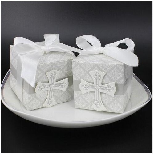 Cross candy box Christening baby shower Easter party wrap holders with ribbons First Communion gift bag, 50 pcs/lot