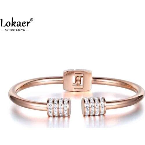 Lokaer New Design Mosaic Rhinestone Cuff Bangles & Bracelets Jewelry Rose Gold Stainless Steel Wedding Bangles For Women B17053