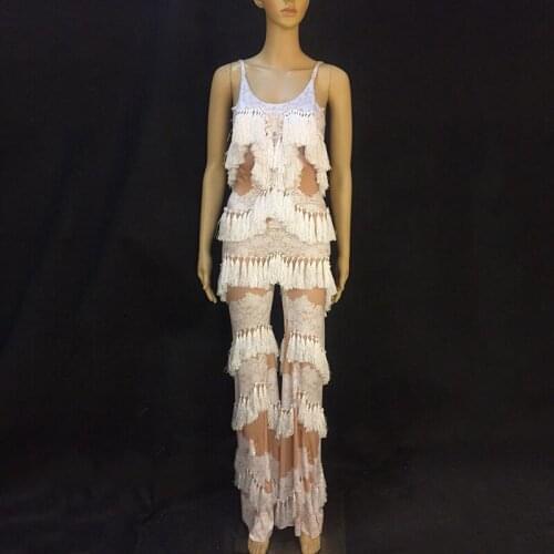 Fashion White Tassel Leggings Rompers Prom Outfit Birthday Party Backless Bodysuit Nightclub Dj Show Costume Female Evening Wear