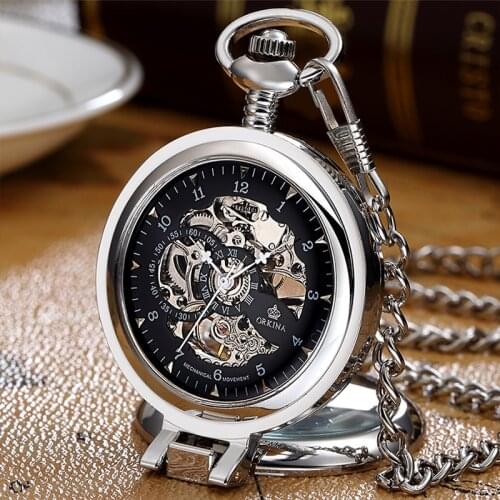 Antique Mechanical Pocket Watch for Men Steampunk Skeleton Hollow Transparent Fob Chain Pendant Gold Sliver Flip montre de poche