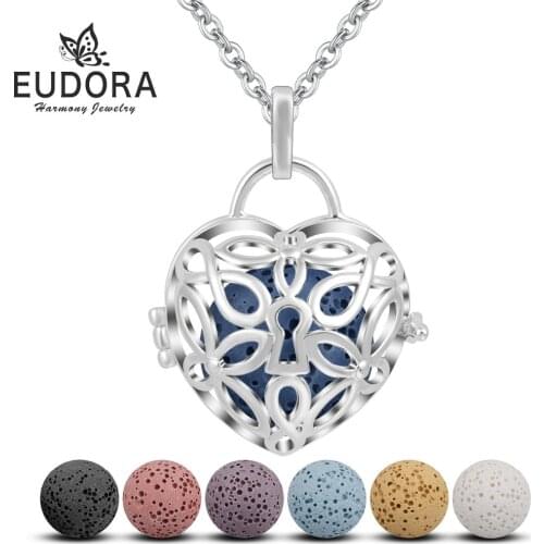 EUDORA 18mm Heart Lock Lava Pendant Perfume Aromatherapy Locket Diffuser Necklace fit Volcanic Lava Ball Women Jewelry K246N18