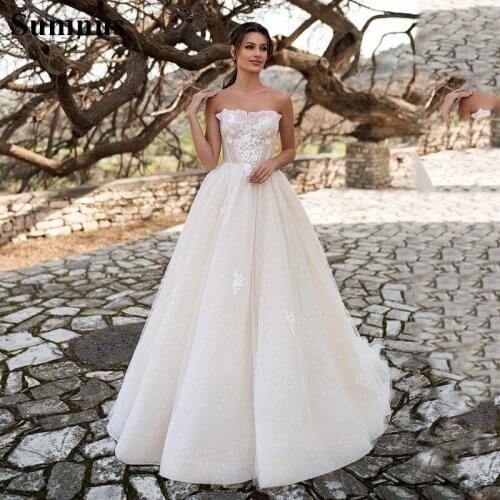 Sumnus Elegant Lace Wedding Dresses A Line Glitter Appliques Strapless Beach Bridal Dress Custom Made Robes De Mariee