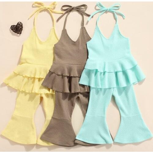 Pudcoco 2-7Y 2Pcs Summer Baby Girls Boys Sleeveless Halter V-Neck Ruffles Vest Tops+Flare Loose Pants Outfit Sets