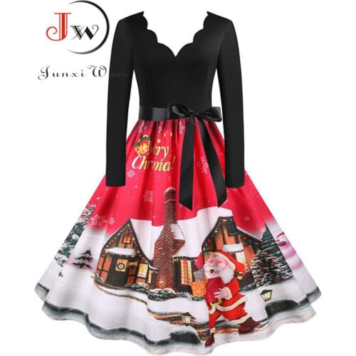 Christmas Dress Women Vintage Long Sleeve V Neck Santa Claus Print Elegant Xmas Party Prom Sundress Winter Clothes Plus Size 3XL