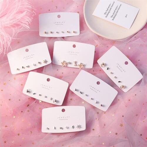 925Silver Needle 6pcs /set Mini Cute Metal Heart Moon Ear Studs Simple Fashion Sweet Pearl Crystal Mini Womens Earrings Jewelry