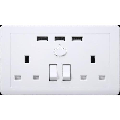 UK Plug Wall Socket 2 Gang Double Smart Switch Outlet Plate Electrical Power Panel with 3 USB Ports Charger Universal