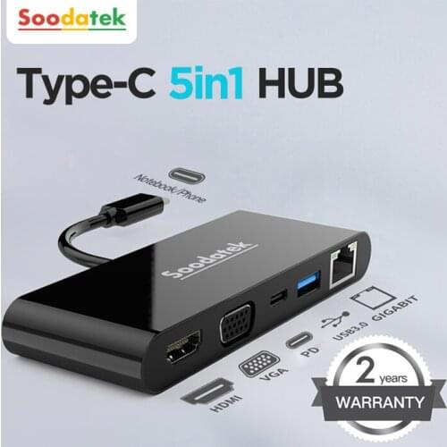 Soodatek USB C Hub USB Type C 3.1 to 4K HDMI RJ45 VGA PD USB 3.0 Adapter USB C Dock for MacBook Pro Air 2020 PC USB-C Type C HUB