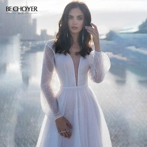 Wedding Dress Stunning Long Sleeve A-Line Boho Crystal Train Bride Gown 2020 BECHOYER NR55 Illusion Princess Vestido de Noiva