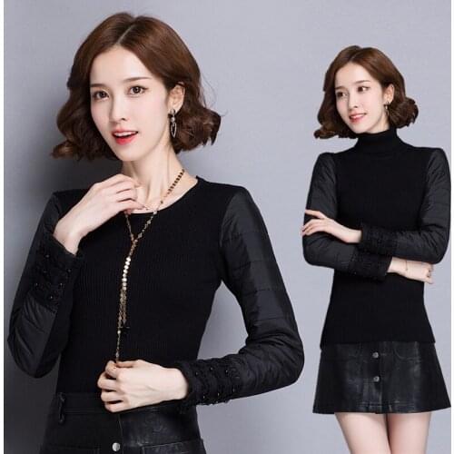 Warm Black sweaters Women Autumn Winter Knitted pullovers patchwork cotton Sleeve with lace beaded Korean Bodycon sweater