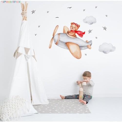 Fly in the Sky Cute Animals Bear Wall Stickers for Kids Room Nursery Room Airplane Vinyl Wall Decals Art Murals Home Decoration