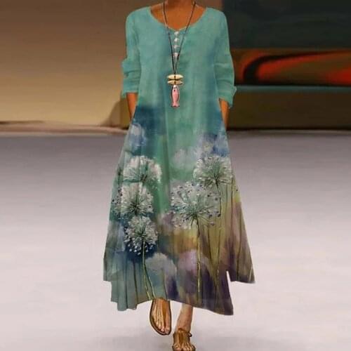 Women Retro Dandelion Print Irregular Long Dress 2021 Summer V Neck Buttoned Party Dress Spring Long Sleeve A-Line Maxi Dresses