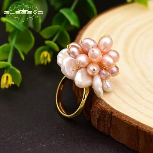 GLSEEVO Natural Fresh Water Pearl Adjustable Finger Ring For Women Wedding Engagement Flower 925 Sterling Silver Jewelry GR0241