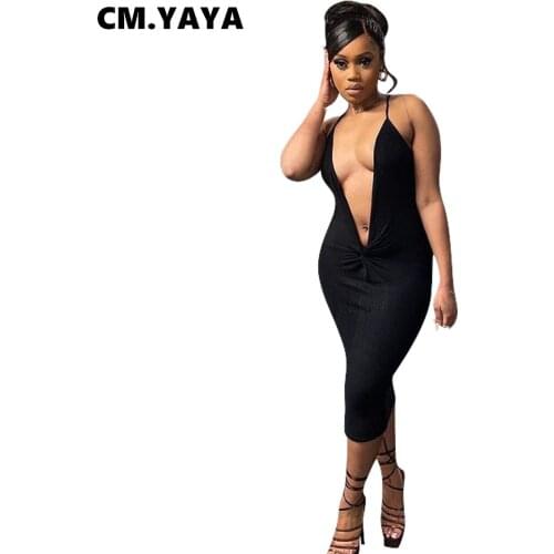 CM.YAYA Women Midi Dress Solid Sleeveless V-neck Bandage Halter Stretchy Bodycon Pencil Dresses Sexy Party Vestidos Summer 2021