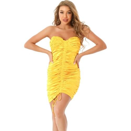 Summer Women Newlife Strapless Mini Pleated Golden Celebrity Sexy Women Dress Evening Party Dress