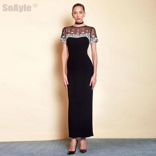 SoAyle Ankle-length Black Crepe Evening Dress with Round Neckline Short Beaded Sleeves Sexy Transparent Back Evening Dresses