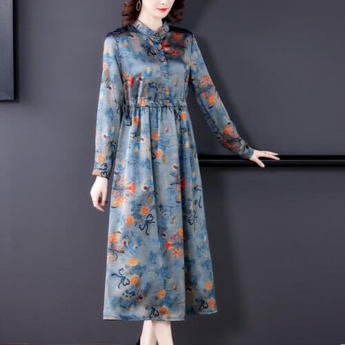 Autumn Vintage Floral Silk Thickening Warm Midi Dress 2021 Winter Print 4XL Plus Size Dress Women Elegant Bodycon Party Vestidos