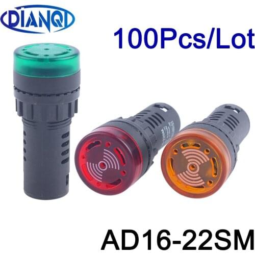100pcs colorful AD16-22SM 12V 24V 220V 22mm Flash Signal Light Red LED Active Buzzer Beep Alarm Indicator Red Green Yellow