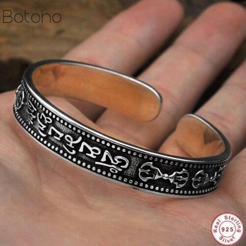 2020 S925 Sterling Silver colour Cuff Bracelets Bangles for Women Men Om mani padme hum Open Bangle Thai Silver colour Jewelry