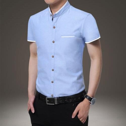2021 hot-sale Fashion Male summer Oxford spinning short sleeve shirts/Men Stand collar slim fit Business shirt S-5XL White gray
