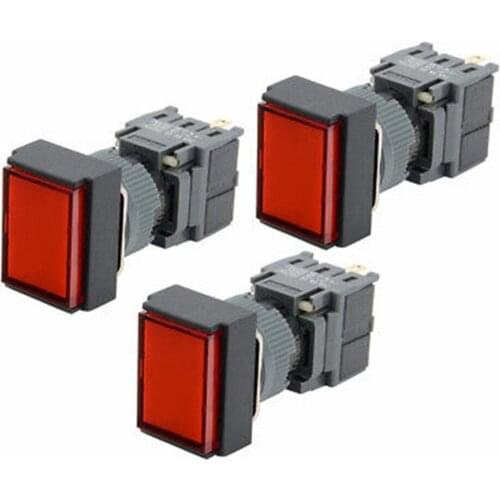 3 pcs AC250V 0.5A SPDT Latching Pushbutton Switch Red Rectangle Shape Button