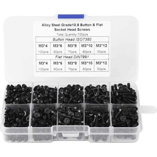 720pcs M3*4/6/8/10/12 Black Alloy Steel Flat Head Hex Socket Screws With Plastic Box Fastener Assortment Kit For Furniture