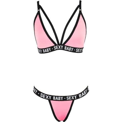 Bikinis Fashion Women Lingerie Femme Sexy Letter Solid Patchwork Sexy Lingerie For Women Sex Set Bra Underwear G-string Set