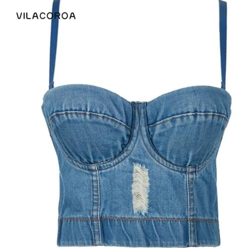 Denim Corset Tube Top Spaghetti Vintage Crop Top Women Distressed Sexy Backless Sling Camisoles Streetwear Party Tank Top Female