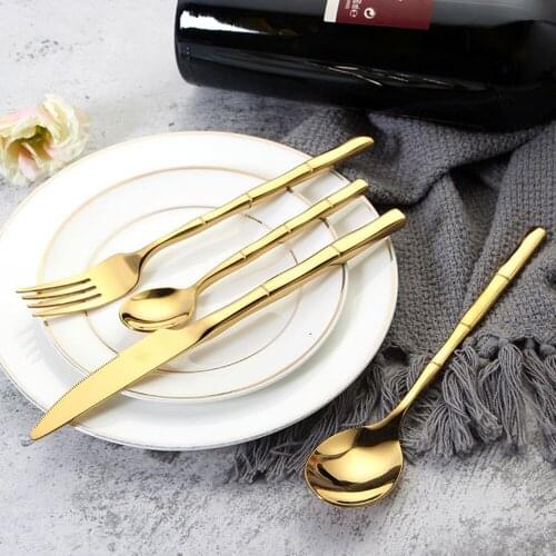 Hot Sale 4 pieces Bamboo gold Dinnerware Stainless Steel Western Cutlery Kitchen Food Tableware spoon fork knife dinner set