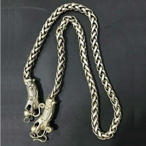 Exquisite China Old National Style Tibet Silver Handwork Loong Head Amulet Auspicious Necklace Statue /4