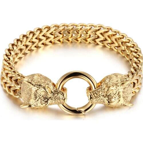 KALEN Double Animal Hand Charm Bracelet For Mens Stainless Steel 20.5cm 22.5cm Mesh Chain Wolf Punk Bracelets Men Biker Jewelry