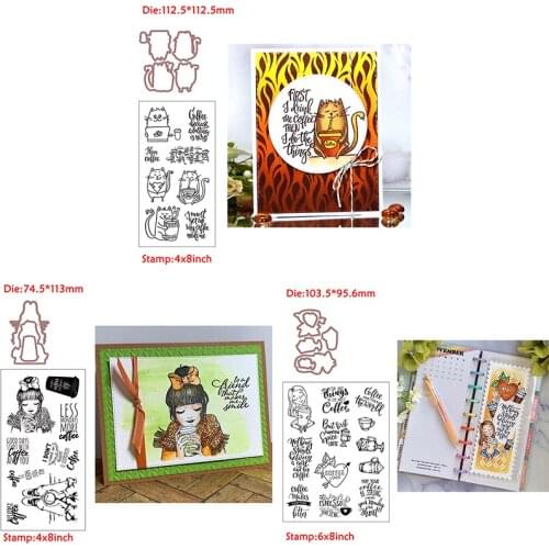 Coffee Girl Cat Enjoy Time Warm Words Transparent Clear Stamps Matchable Cutting Dies for DIY Scrapbooking Cards Crafts New 2020