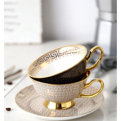 Bone China Cup and Saucer White/black Grid Coffee Mug Gold Edge Inlay Tableware Gift