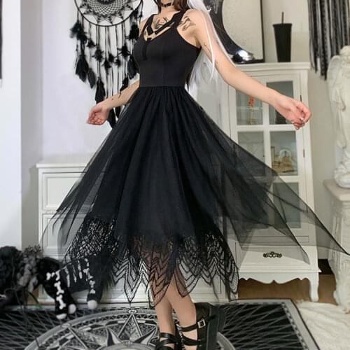 High Waist Midi Dresses Summer 2021 Dark Academia Vintage Aesthetic Mesh Black Corset Dress Punk Goth Sexy Hollow Out Backless