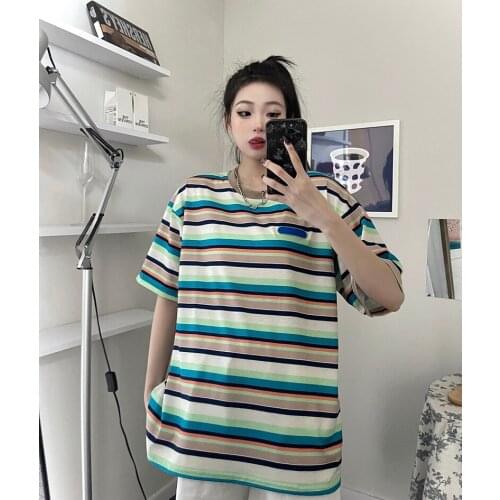 Summer Korean Harajuku style retro wild loose color striped casual o-neck short-sleeved T-shirt