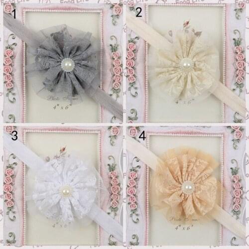 Fashion Handmade Lace Flower Hairband with Pearl Solid Color Elastic Headband Baby Girls Hair Accessories Children Headwear
