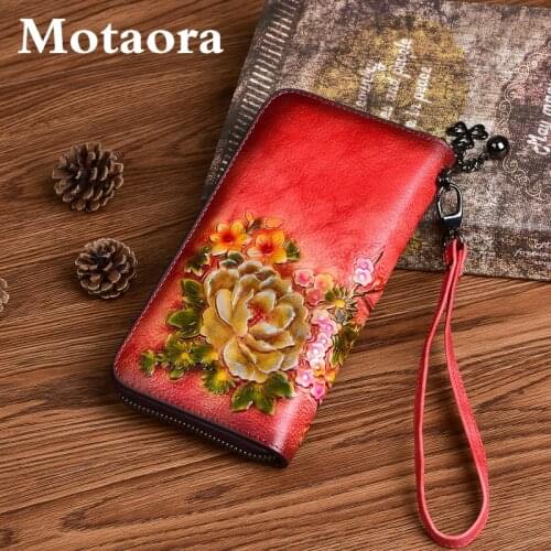 MOTAORA 2021 New Chinese Style Retro Women Wallet Genuine Leather Long Zipper Purse Vintage Handmade Embossed Clutch Card Holder