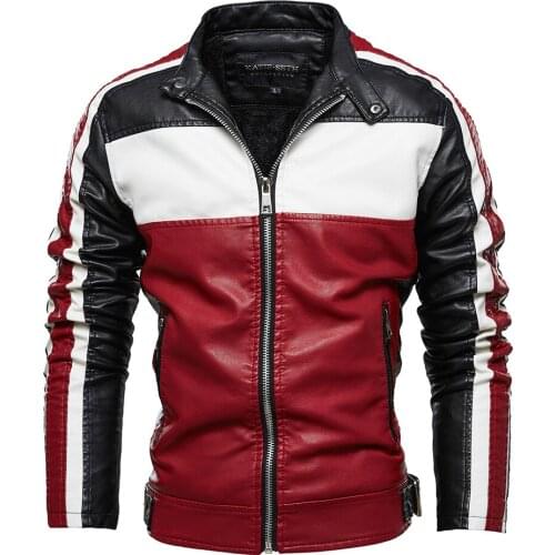 Men Autumb Winter Fleece Lining PU Leather Jacket European Youth Motorcycle Wear Color Matching Leather Coat