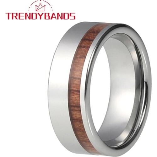 Tungsten Carbide Engagement Rings For Men Women Wedding Band 8MM Koa Wood Inlay Pipe Cut Comfort Fit