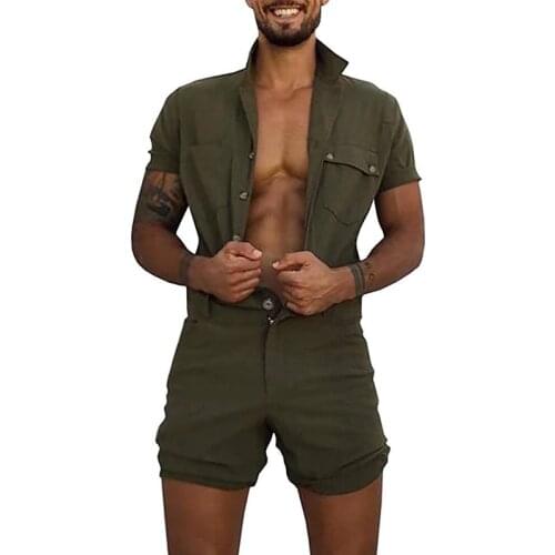 QNPQYX New Men Overalls Casual Lapel Short Sleeve Sets Rompers Solid One-Piece Buttons Jumpsuit Pocket Summer Clothes Male Beach