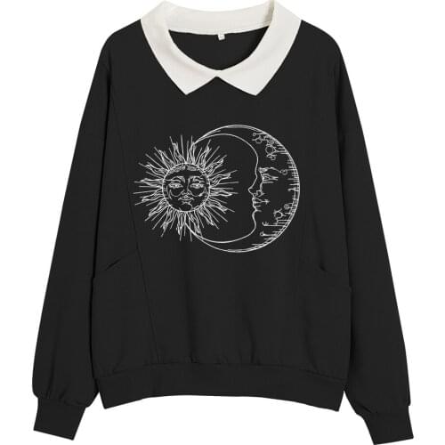Sun and Moon Retro Pullover Black Sweatshirt Cotton Autumn Spring Plus Size Long Sleeve Fashion Clothes Graphic Hoodies Women