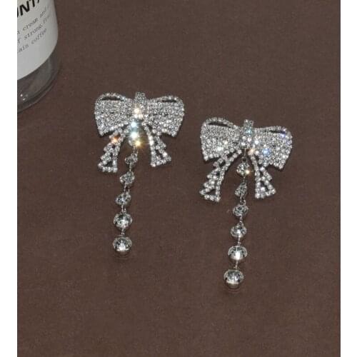 Luxury Bow Knot Rhinestone Dangle Earrings For Women Bridal Crystal Big Earing Wedding Jewelry Statement Party Accessories