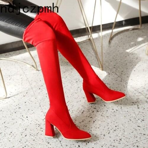 Over The Knee Boots Winter The New Fashion Flock Pointed Thick Heel High Heel Womens Shoes Plus Size 34-43 Heel Height 8.5cm
