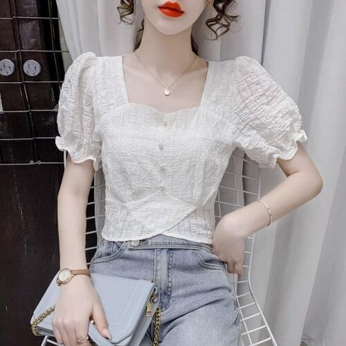 Puff sleeve square neck chiffon shirt 2021 summer new style Korean style waist was thin and western style all-match blouse women
