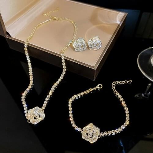 Rhinestone Zircon Inlaid Jewelry Set Vintage Fashion Flower Choker Necklace Adjustable Bracelet Earrings Party Jewelry