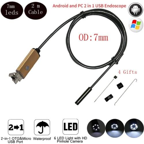 Hd 7mm Lens Android USB Endoscope Camera 2M Flexible Snake USB Pipe Detection Android Phone PC OTG USB Borescope Camera 6 LEDS