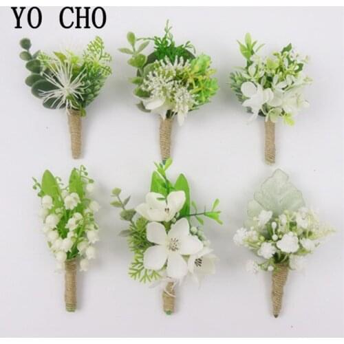 YO CHO Men Wedding Boutonniere and Wrist Corsage Artificial Flower Orchid Lily of the Valley Girl Bracelet Forest Style Corsages