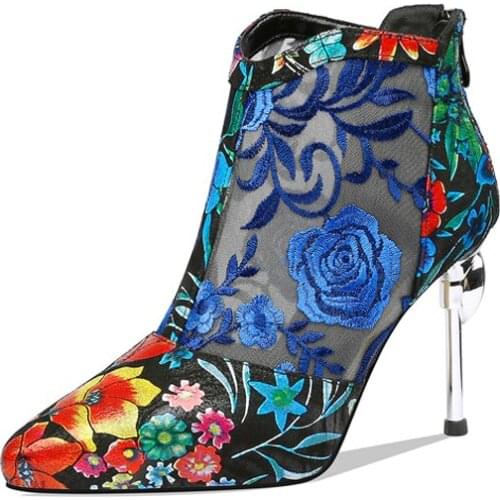 Womens Floral High Heels Shoes Stilettos Embroidery Party Flower Mesh Ankle Boots Sandals Ethnic Breathable Real Leather Luxury